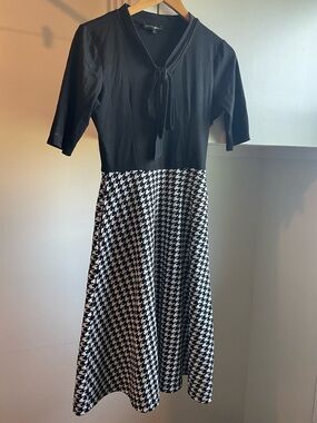 Classic Black & White Houndstooth Midi Dress with Tie Neck